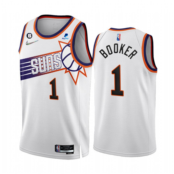 Men's Phoenix Suns #1 Devin Booker 2022/23 White 75th Anniversary NO.6 Patch Association Edition Stitched Jersey Men's Phoenix Suns #1 Devin Booker 2022/23 White 75th Anniversary NO.6 Patch Association Edition Stitched Jersey